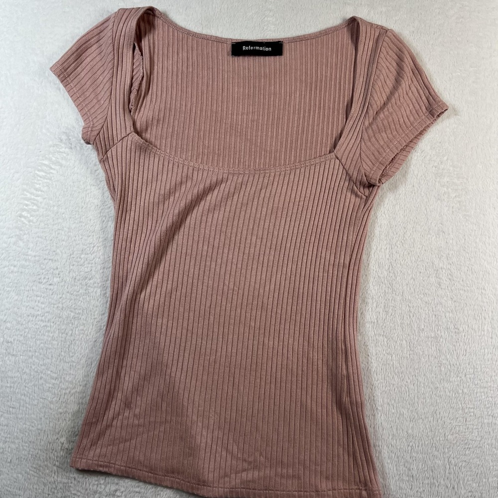 Reformation Bardot Top Womens Medium Pink Ribbed Sweetheart Neck Stretch Top